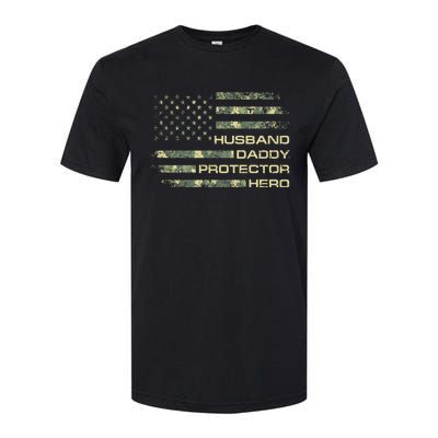 Husband Daddy Protector Hero Fathers Day Camo American Flag Softstyle CVC T-Shirt