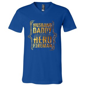 Husband Daddy Protector Hero Fire Tie Dye Golden Fathers Funny Gift V-Neck T-Shirt