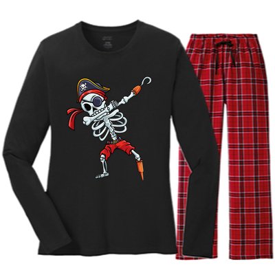 Halloween Dabbing Pirate Skeleton Funny Dab Women's Long Sleeve Flannel Pajama Set 