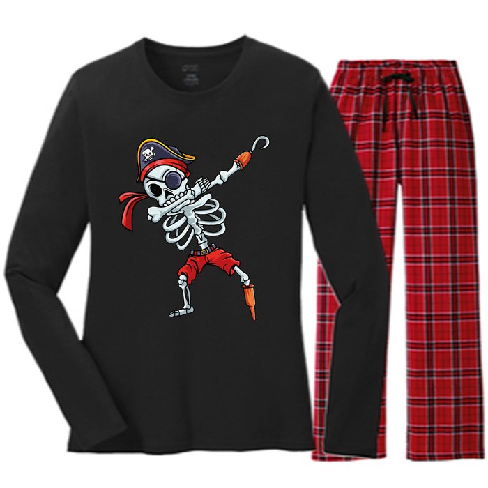 Halloween Dabbing Pirate Skeleton Funny Dab Women's Long Sleeve Flannel Pajama Set 