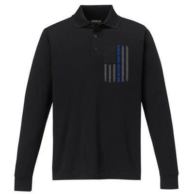 Husband Daddy Protector Hero Fathers Day Thin Blue Line Flag Performance Long Sleeve Polo