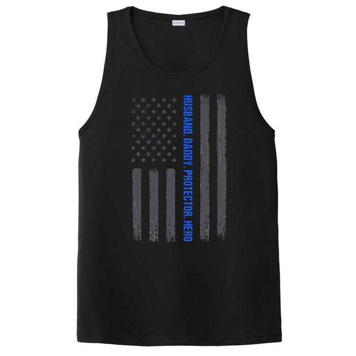 Husband Daddy Protector Hero Fathers Day Thin Blue Line Flag PosiCharge Competitor Tank