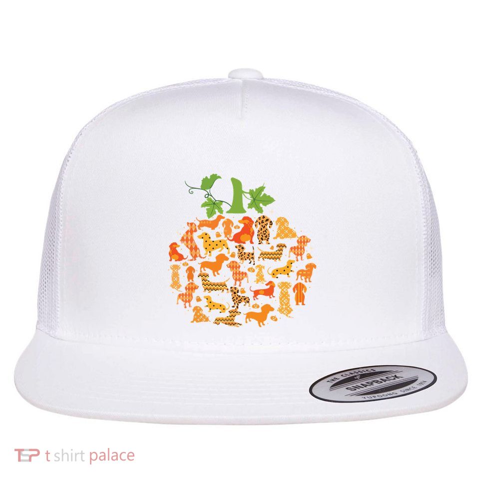 Halloween Dachshund Pumpkin Plaid Leopard Dog Lover Autumn Flat Bill Trucker Hat
