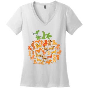 Halloween Dachshund Pumpkin Plaid Leopard Dog Lover Autumn Women's V-Neck T-Shirt