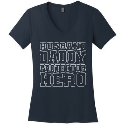 HUSBAND DADDY PROTECTOR HERO Dad Father Funny Fathers Day Funny Women's V-Neck T-Shirt