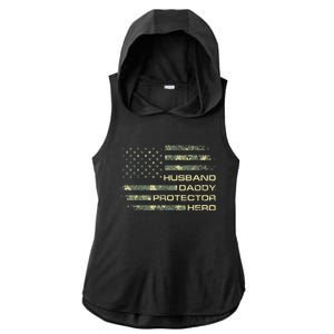  Husband Daddy Protector Hero Fathers Day Camo American Flag Ladies PosiCharge Tri-Blend Wicking Draft Hoodie Tank