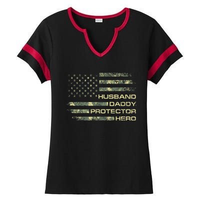  Husband Daddy Protector Hero Fathers Day Camo American Flag Ladies Halftime Notch Neck Tee