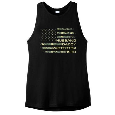  Husband Daddy Protector Hero Fathers Day Camo American Flag Ladies PosiCharge Tri-Blend Wicking Tank