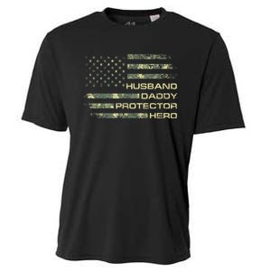  Husband Daddy Protector Hero Fathers Day Camo American Flag Cooling Performance Crew T-Shirt