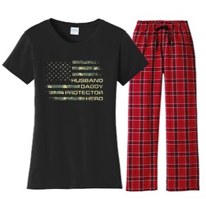  Husband Daddy Protector Hero Fathers Day Camo American Flag Women's Flannel Pajama Set