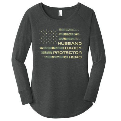  Husband Daddy Protector Hero Fathers Day Camo American Flag Women's Perfect Tri Tunic Long Sleeve Shirt