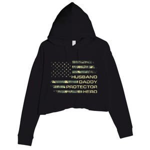  Husband Daddy Protector Hero Fathers Day Camo American Flag Crop Fleece Hoodie