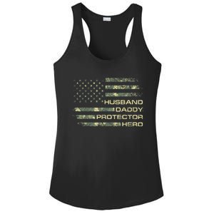  Husband Daddy Protector Hero Fathers Day Camo American Flag Ladies PosiCharge Competitor Racerback Tank