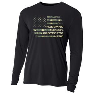  Husband Daddy Protector Hero Fathers Day Camo American Flag Cooling Performance Long Sleeve Crew