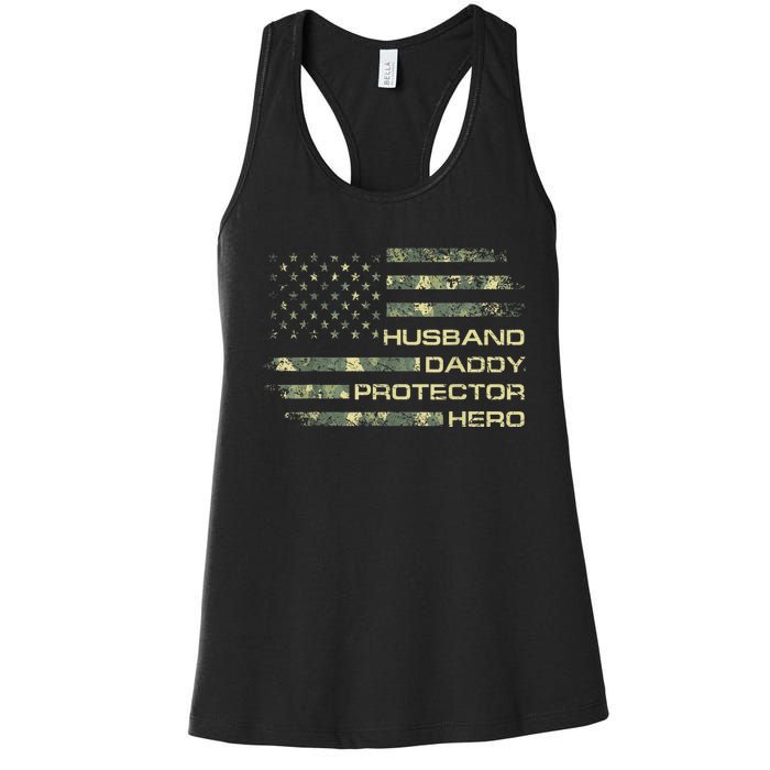  Husband Daddy Protector Hero Fathers Day Camo American Flag Women's Racerback Tank