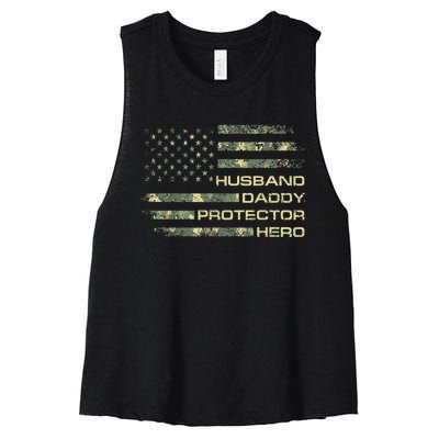  Husband Daddy Protector Hero Fathers Day Camo American Flag Women's Racerback Cropped Tank