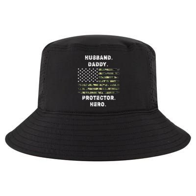 Husband Daddy Protector Hero Fathers Day Camo American Flag Cool Comfort Performance Bucket Hat