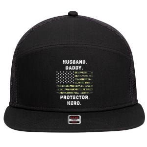 Husband Daddy Protector Hero Fathers Day Camo American Flag 7 Panel Mesh Trucker Snapback Hat