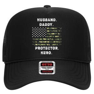 Husband Daddy Protector Hero Fathers Day Camo American Flag High Crown Mesh Back Trucker Hat