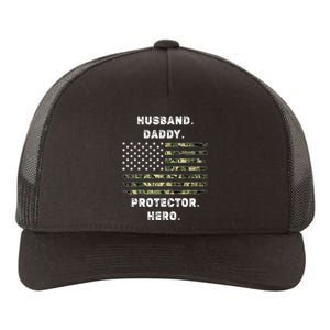 Husband Daddy Protector Hero Fathers Day Camo American Flag Yupoong Adult 5-Panel Trucker Hat