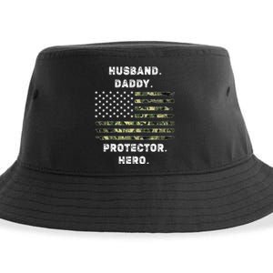 Husband Daddy Protector Hero Fathers Day Camo American Flag Sustainable Bucket Hat