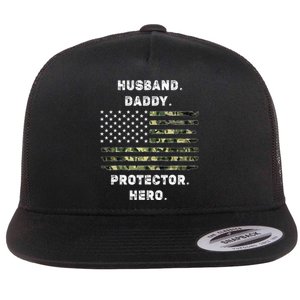 Husband Daddy Protector Hero Fathers Day Camo American Flag Flat Bill Trucker Hat