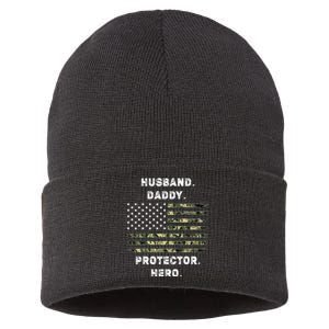 Husband Daddy Protector Hero Fathers Day Camo American Flag Sustainable Knit Beanie