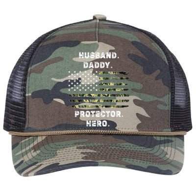 Husband Daddy Protector Hero Fathers Day Camo American Flag Retro Rope Trucker Hat Cap