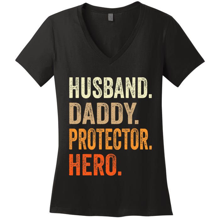 Husband Daddy Protector Hero Fathers Day Dad Funny Father Women's V-Neck T-Shirt