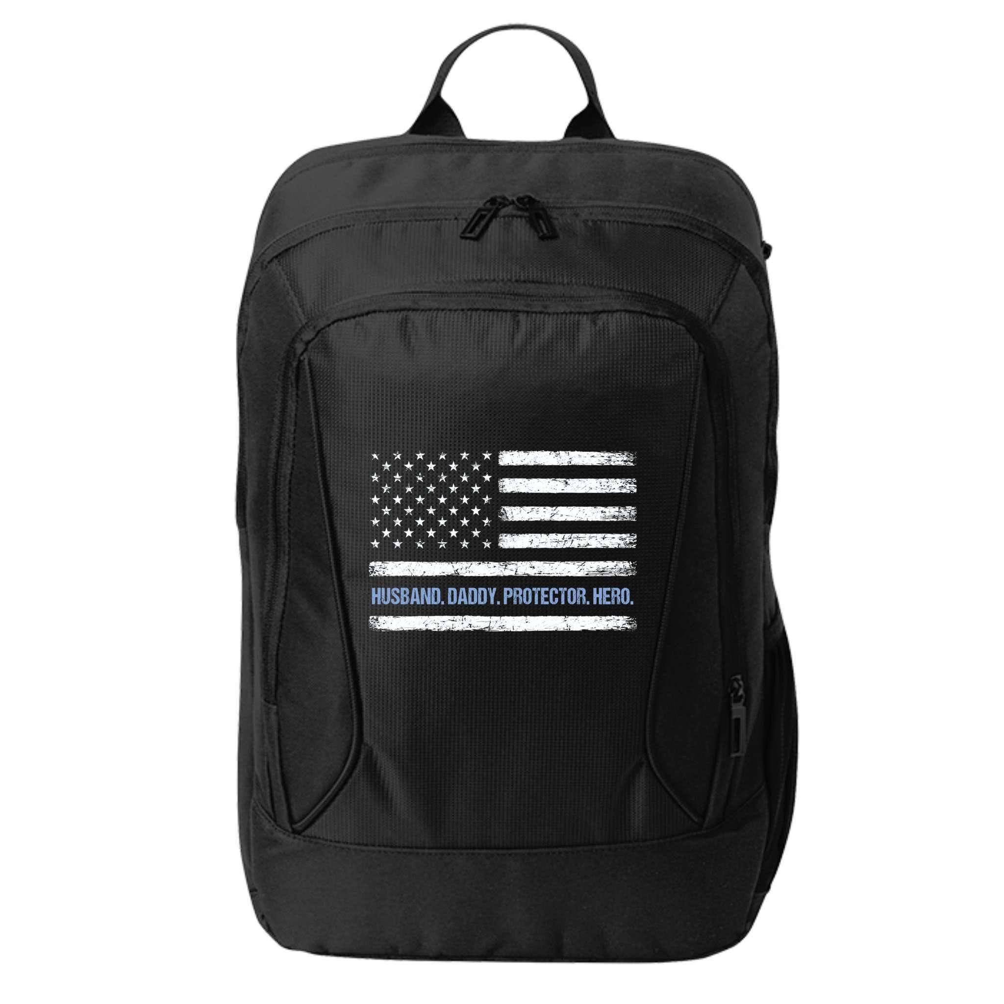 Husband Daddy Protector Hero Fathers Day American Flag Dad Cool Gift City Backpack