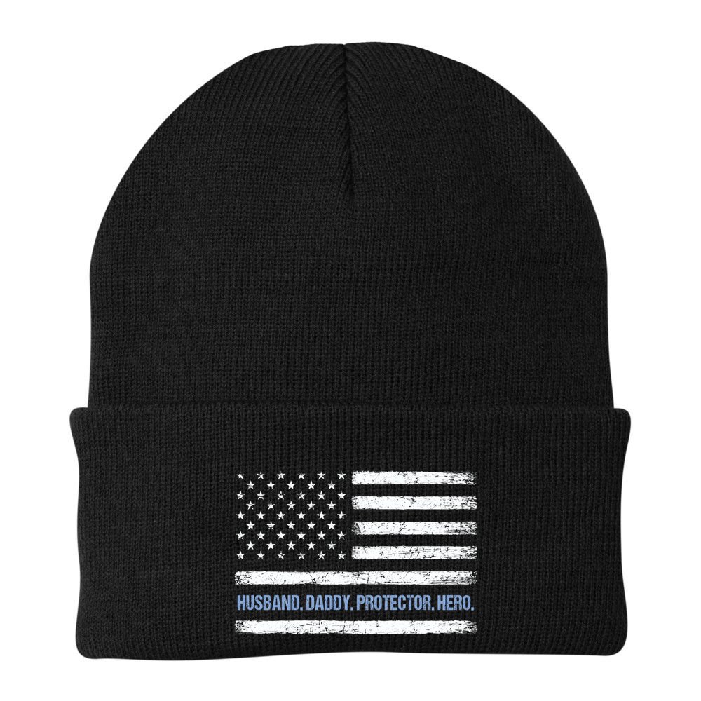 Husband Daddy Protector Hero Fathers Day American Flag Dad Cool Gift Beanie