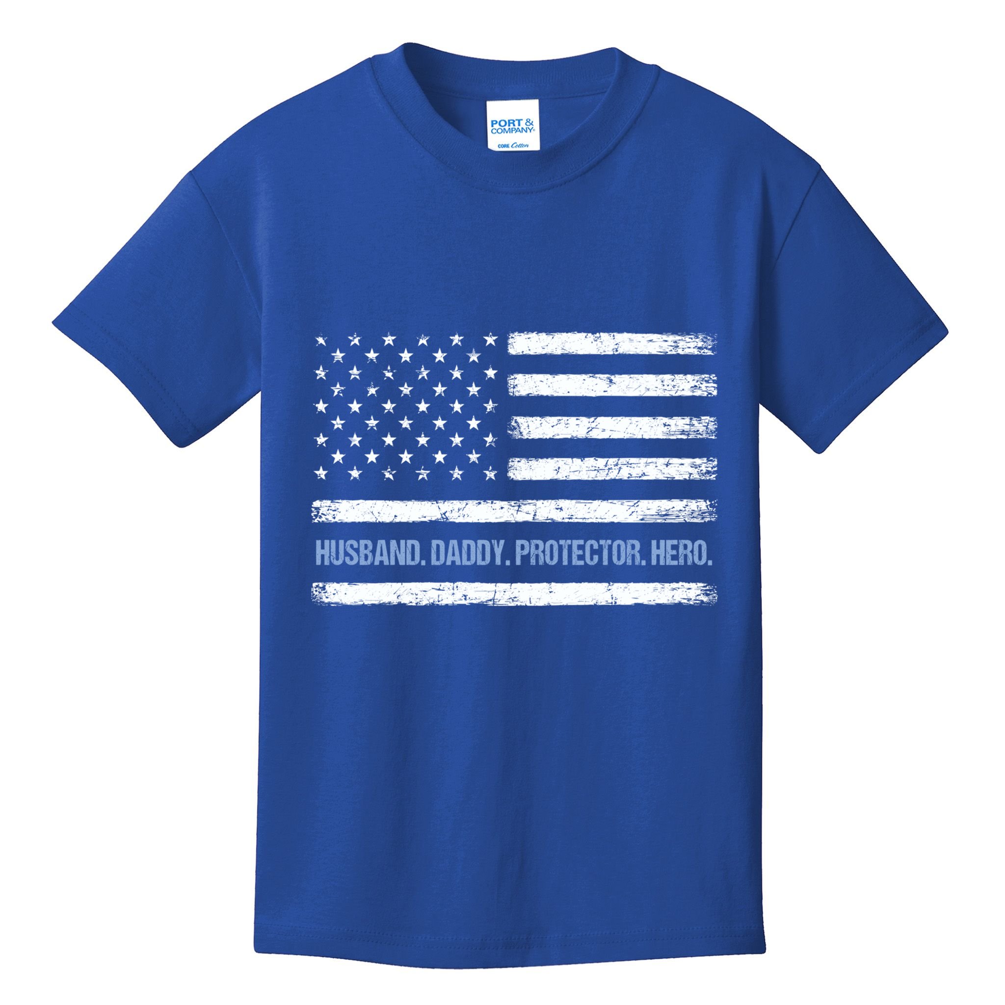 Husband Daddy Protector Hero Fathers Day American Flag Dad Cool Gift Kids T-Shirt