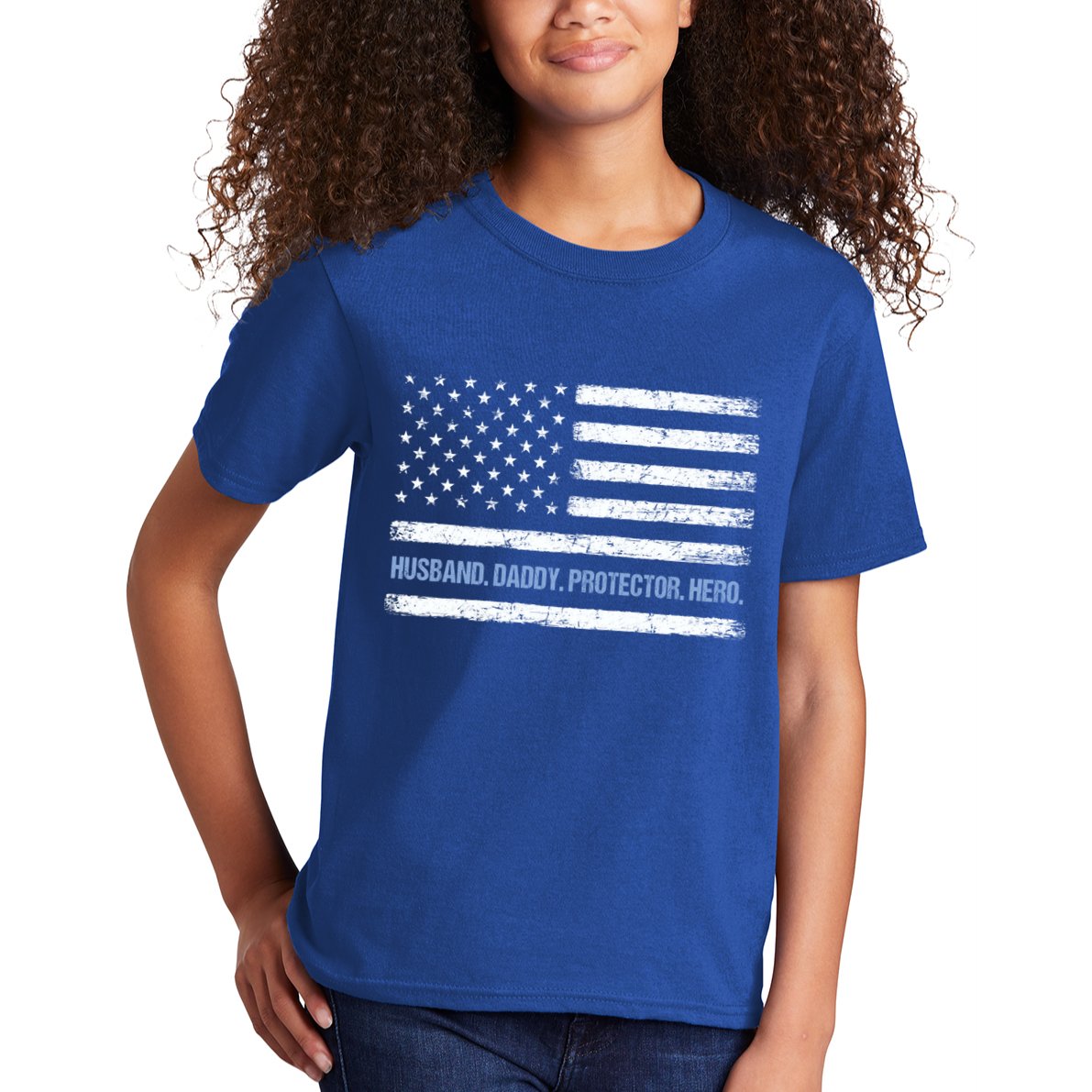 Husband Daddy Protector Hero Fathers Day American Flag Dad Cool Gift Kids T-Shirt