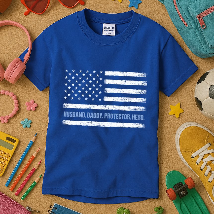 Husband Daddy Protector Hero Fathers Day American Flag Dad Cool Gift Kids T-Shirt