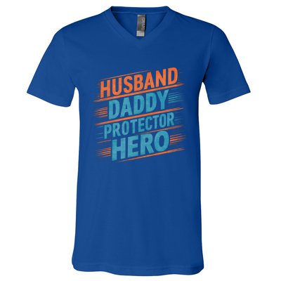 Husband Daddy Protector Hero Fathers Day Gift V-Neck T-Shirt