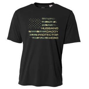 Husband Daddy Protector Hero Fathers Day Camo American Flag Cooling Performance Crew T-Shirt