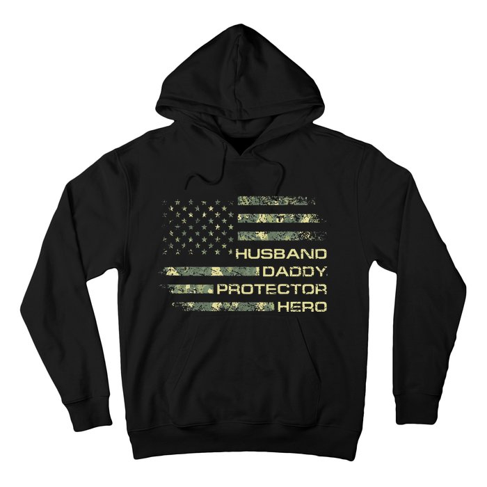 Husband Daddy Protector Hero Fathers Day Camo American Flag Hoodie