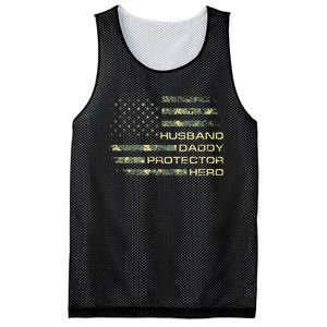 Husband Daddy Protector Hero Fathers Day Camo American Flag Mesh Reversible Basketball Jersey Tank