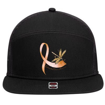 Hippie Dragonfly Peach Ribbon Endometrial Cancer Awareness 7 Panel Mesh Trucker Snapback Hat
