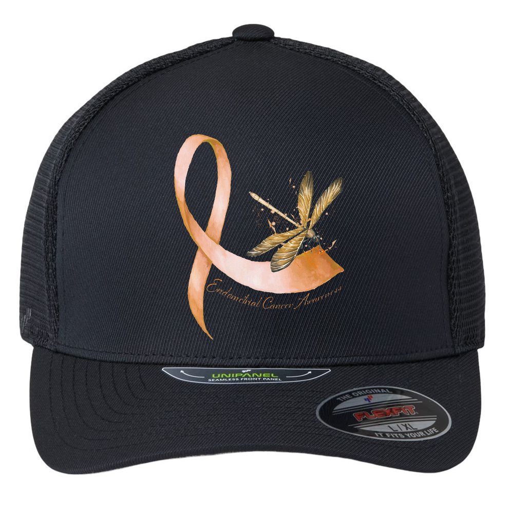 Hippie Dragonfly Peach Ribbon Endometrial Cancer Awareness Flexfit Unipanel Trucker Cap