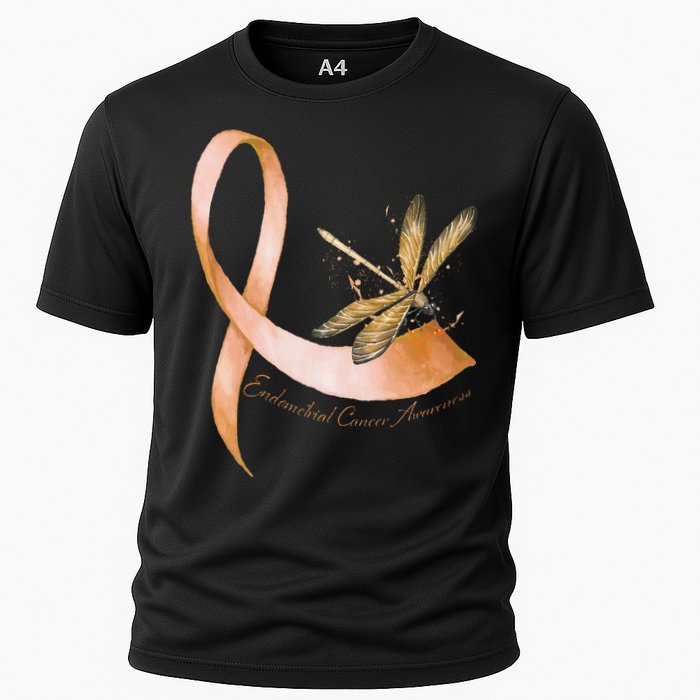 Hippie Dragonfly Peach Ribbon Endometrial Cancer Awareness Cooling Performance Crew T-Shirt