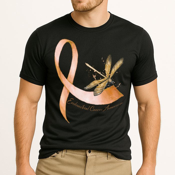 Hippie Dragonfly Peach Ribbon Endometrial Cancer Awareness Cooling Performance Crew T-Shirt