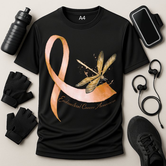 Hippie Dragonfly Peach Ribbon Endometrial Cancer Awareness Cooling Performance Crew T-Shirt