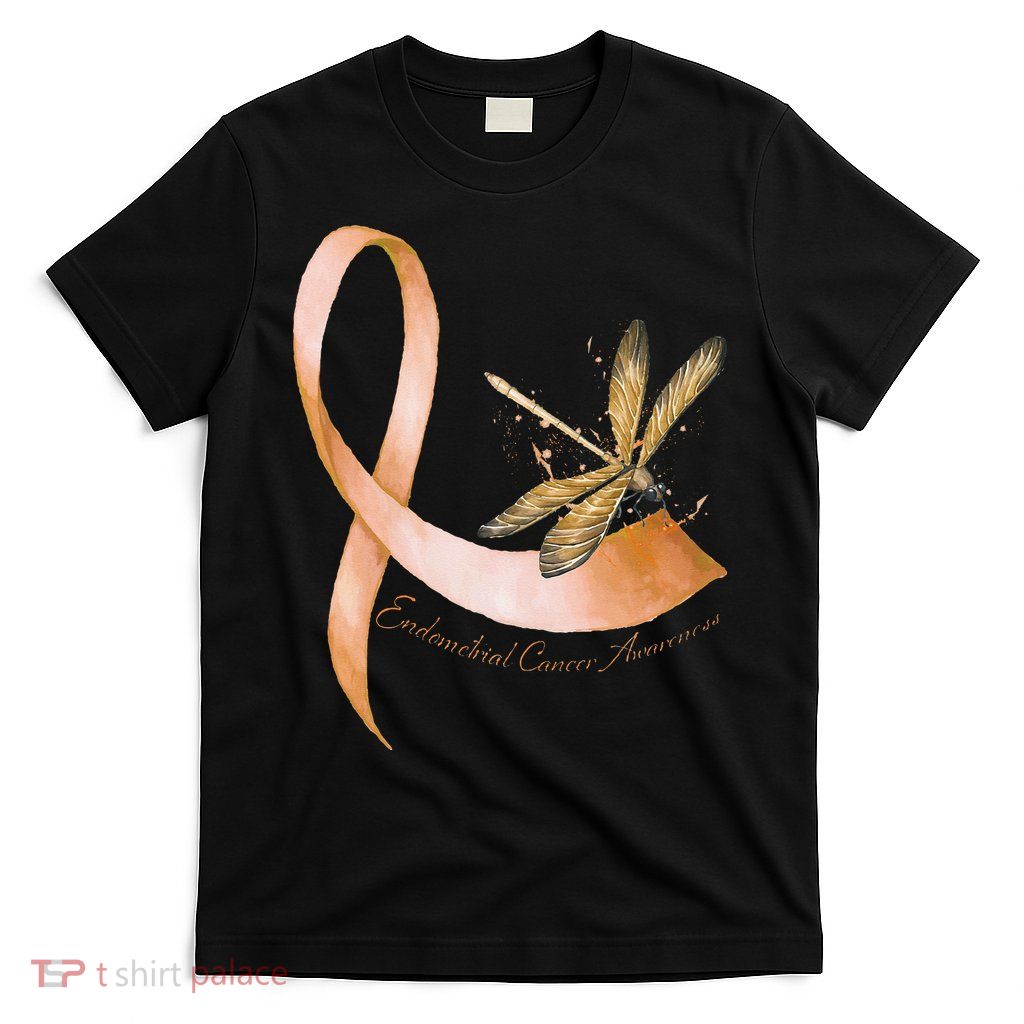 Hippie Dragonfly Peach Ribbon Endometrial Cancer Awareness T-Shirt