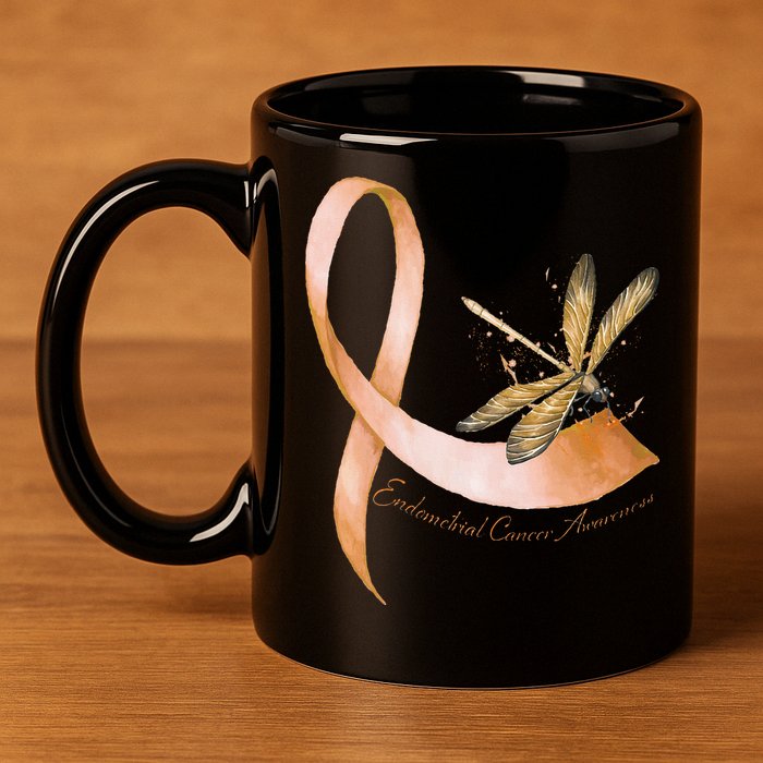 Hippie Dragonfly Peach Ribbon Endometrial Cancer Awareness 11oz C Handle Ceramic Mug