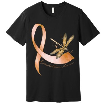 Hippie Dragonfly Peach Ribbon Endometrial Cancer Awareness Premium T-Shirt