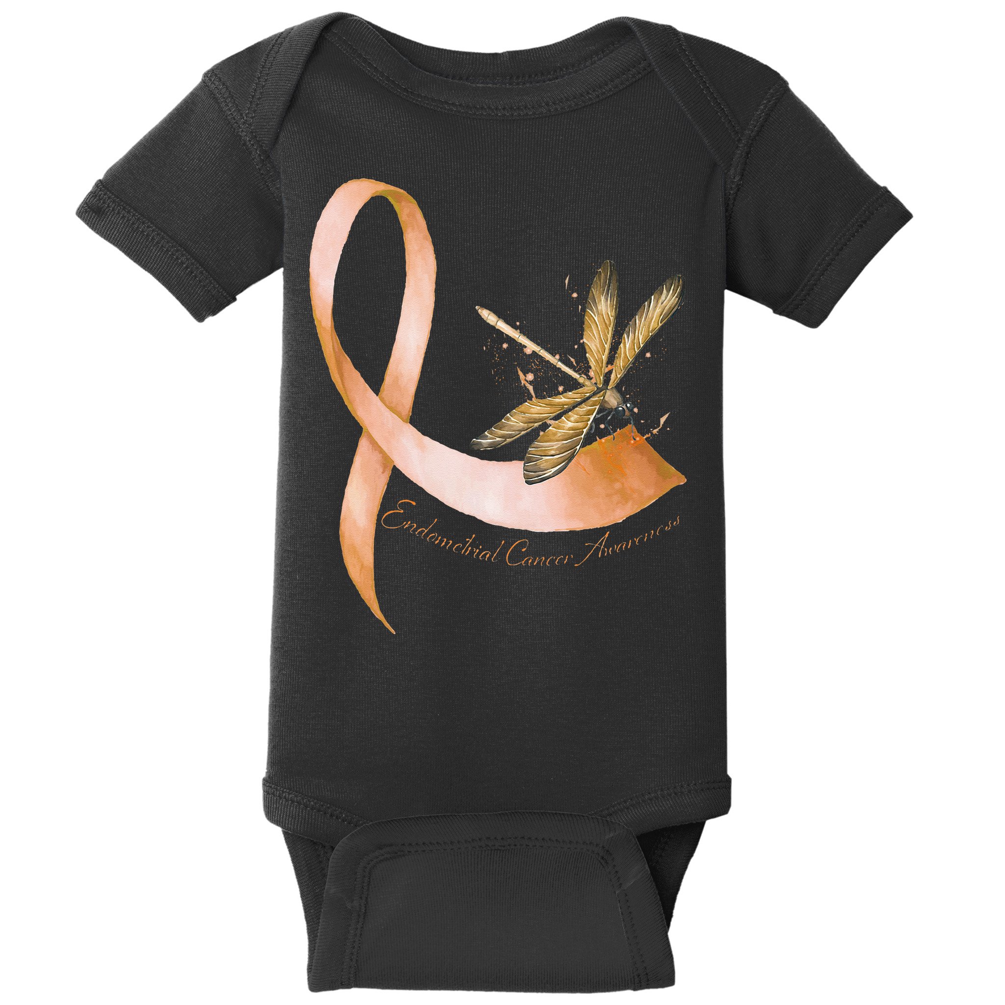 Hippie Dragonfly Peach Ribbon Endometrial Cancer Awareness Baby Bodysuit