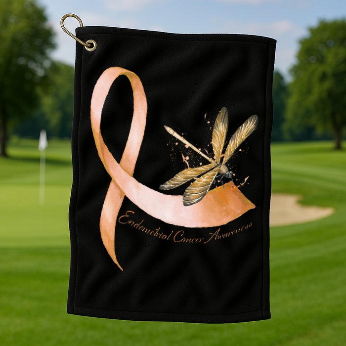 Hippie Dragonfly Peach Ribbon Endometrial Cancer Awareness Golf Towel
