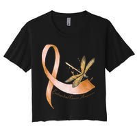 Hippie Dragonfly Peach Ribbon Endometrial Cancer Awareness Women's Crop Top Tee
