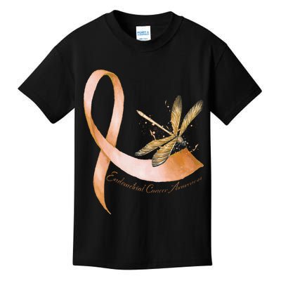 Hippie Dragonfly Peach Ribbon Endometrial Cancer Awareness Kids T-Shirt